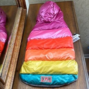 Fab Dog multi color hooded puffer Dog Jacket. Size L. Velcro closures.